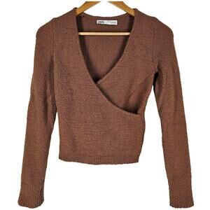 ZARA WOMEN'S BOUCLÉ BROWN WAIST WRAP SWEATER - SIZE MEDIUM - SHERPA FEEL